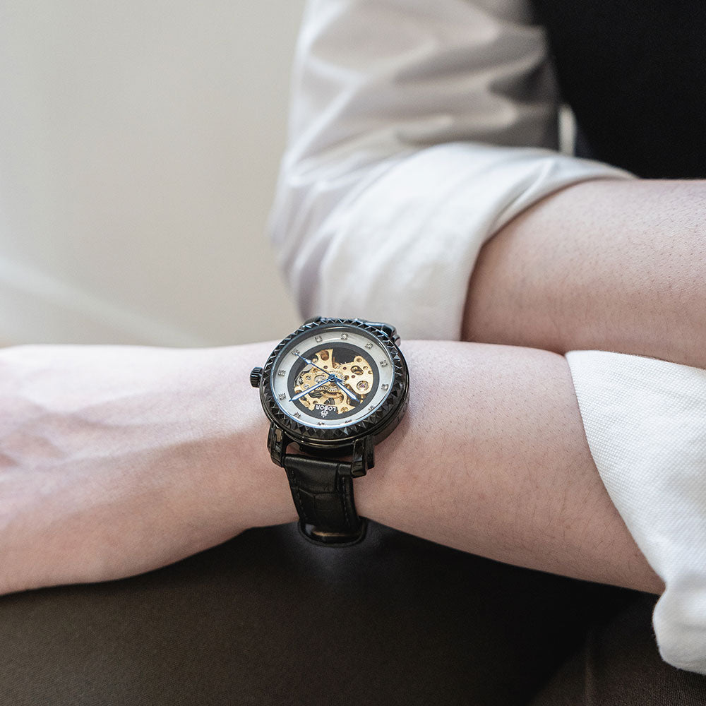 Black skeleton automatic watches for women